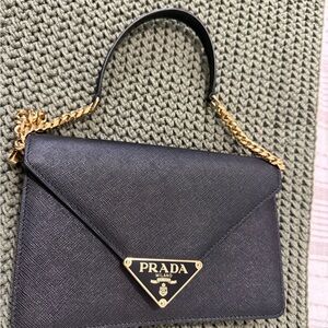 Prada Black Leather Shoulder Bag with Gold Chain